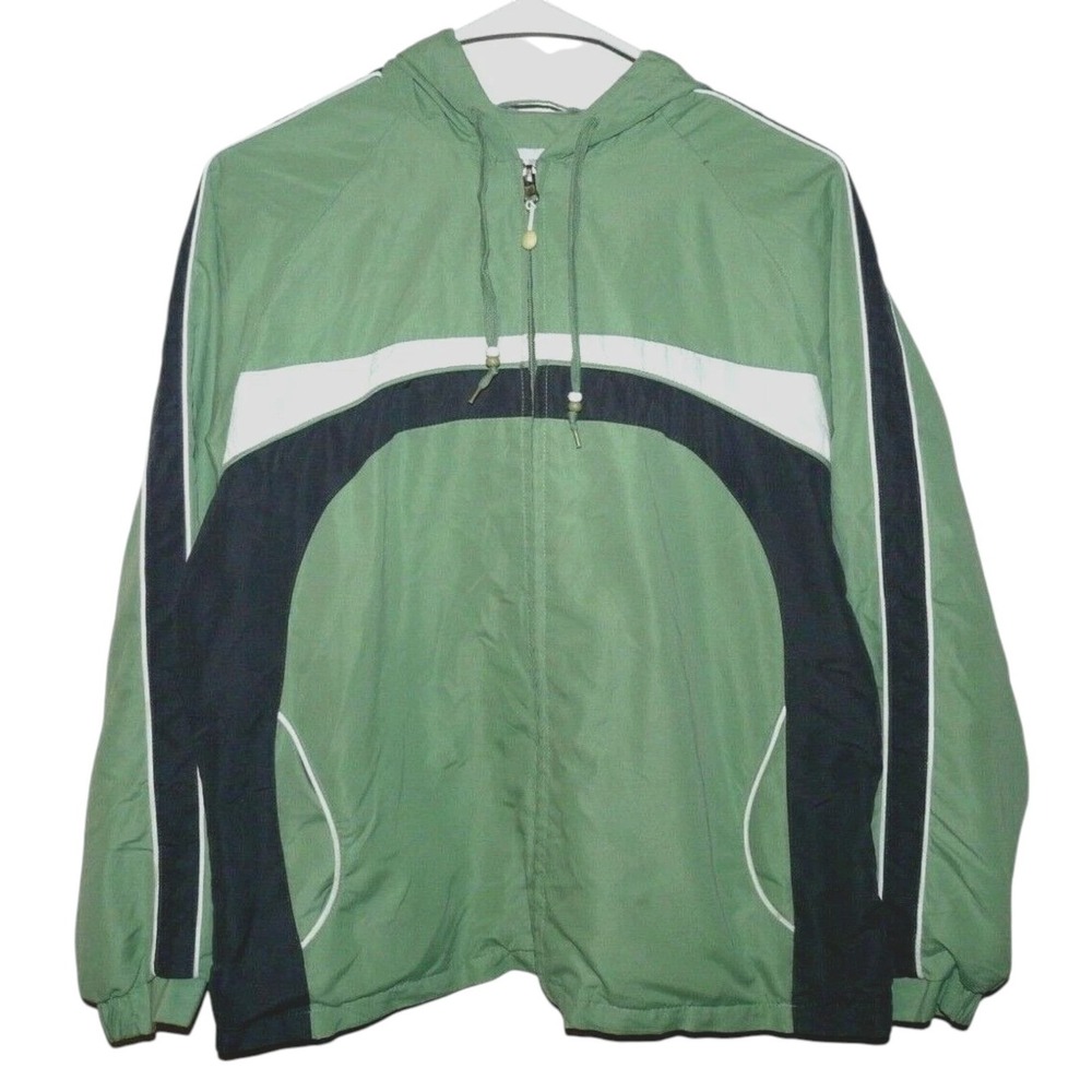 Vtg Afi Sport Womens Petite Large Full Zip Track Jacket Hood Green Gray